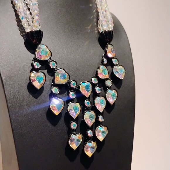 Vtg Yves Saint Laurent YSL Crystal Aurora Borealis Heart Necklace Collar Bib - Picture 2 of 15